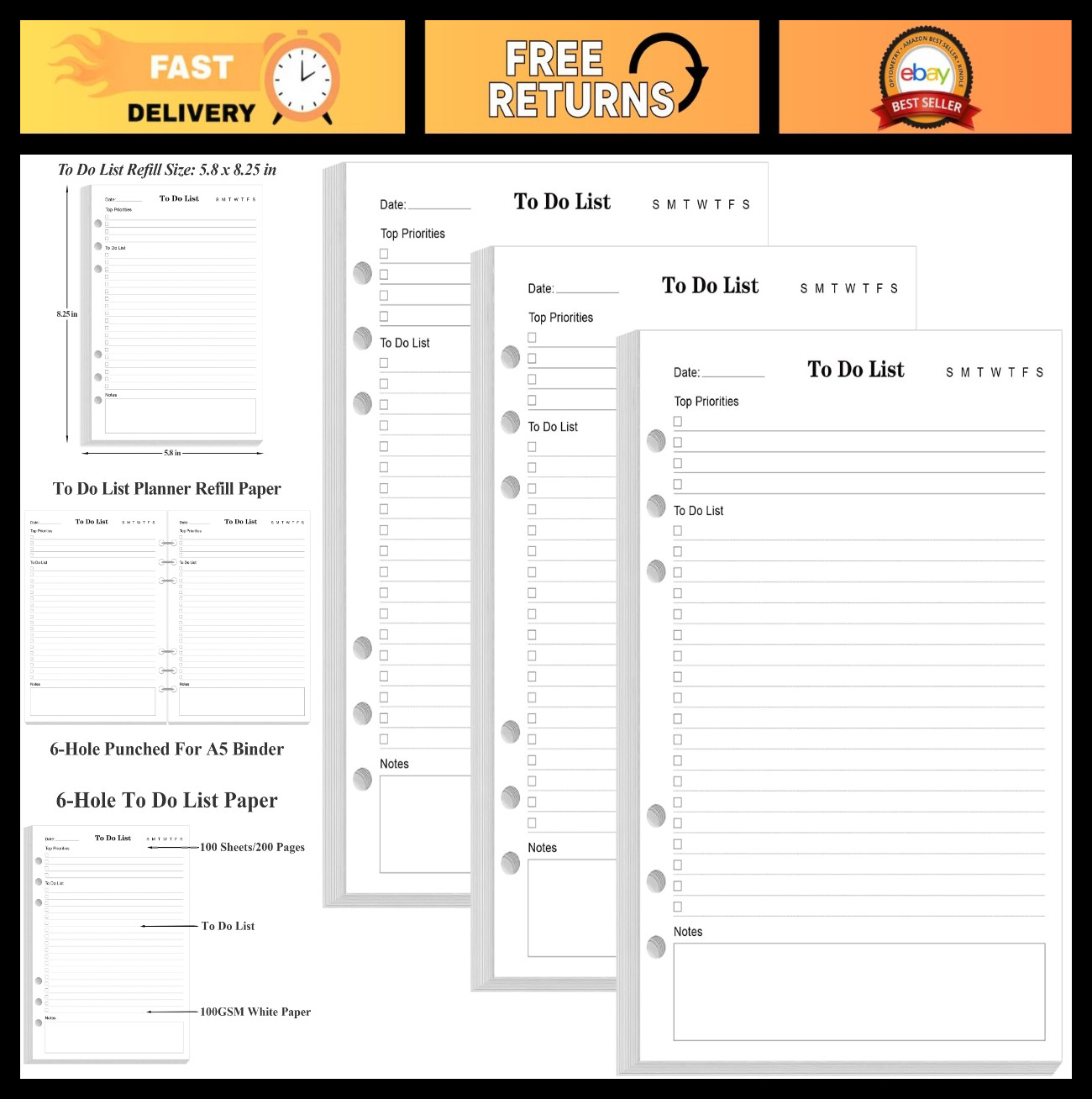 3 Pack A5 Daily Planner Refills – 6 Hole Punched To Do List Inserts, 300 Sheets