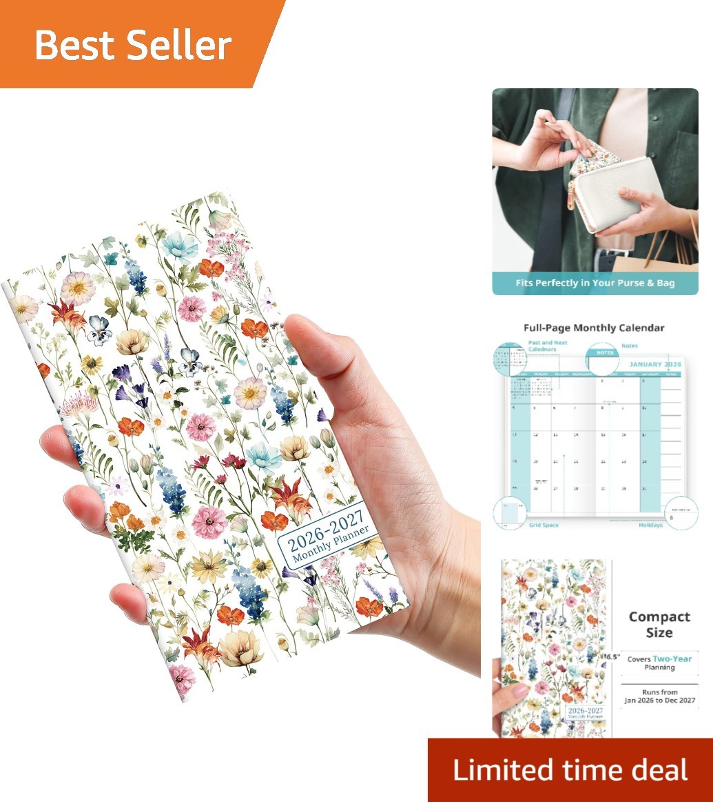 Compact 6.5″ x 3.5″ Monthly Planner – 2026-2027 Pocket Calendar with Wildflowers