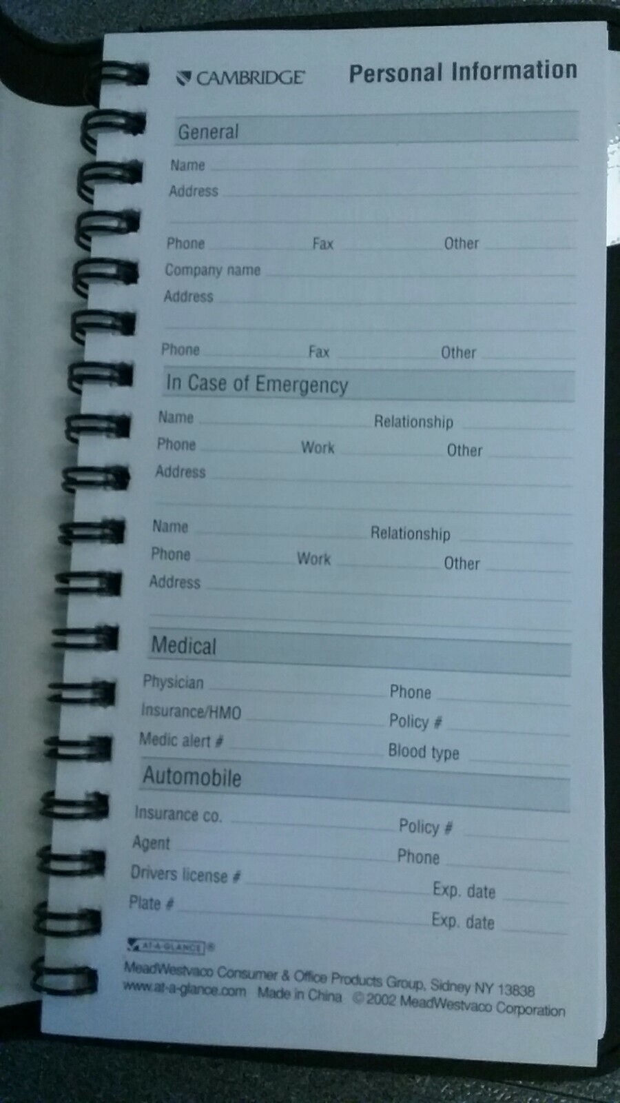Undated Weekly Calendar Day Planner by Cambridge 2-page spread & phone # section