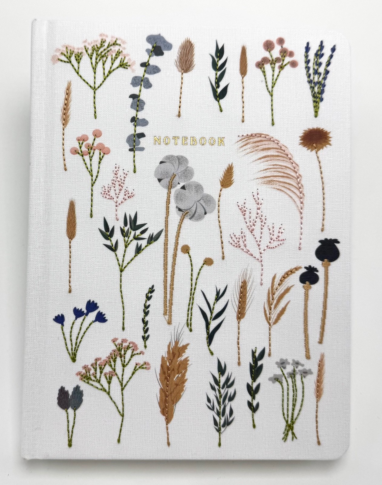Embroidered Flowers Botanical Garden Fabric Cover Journal Diary Notebook White