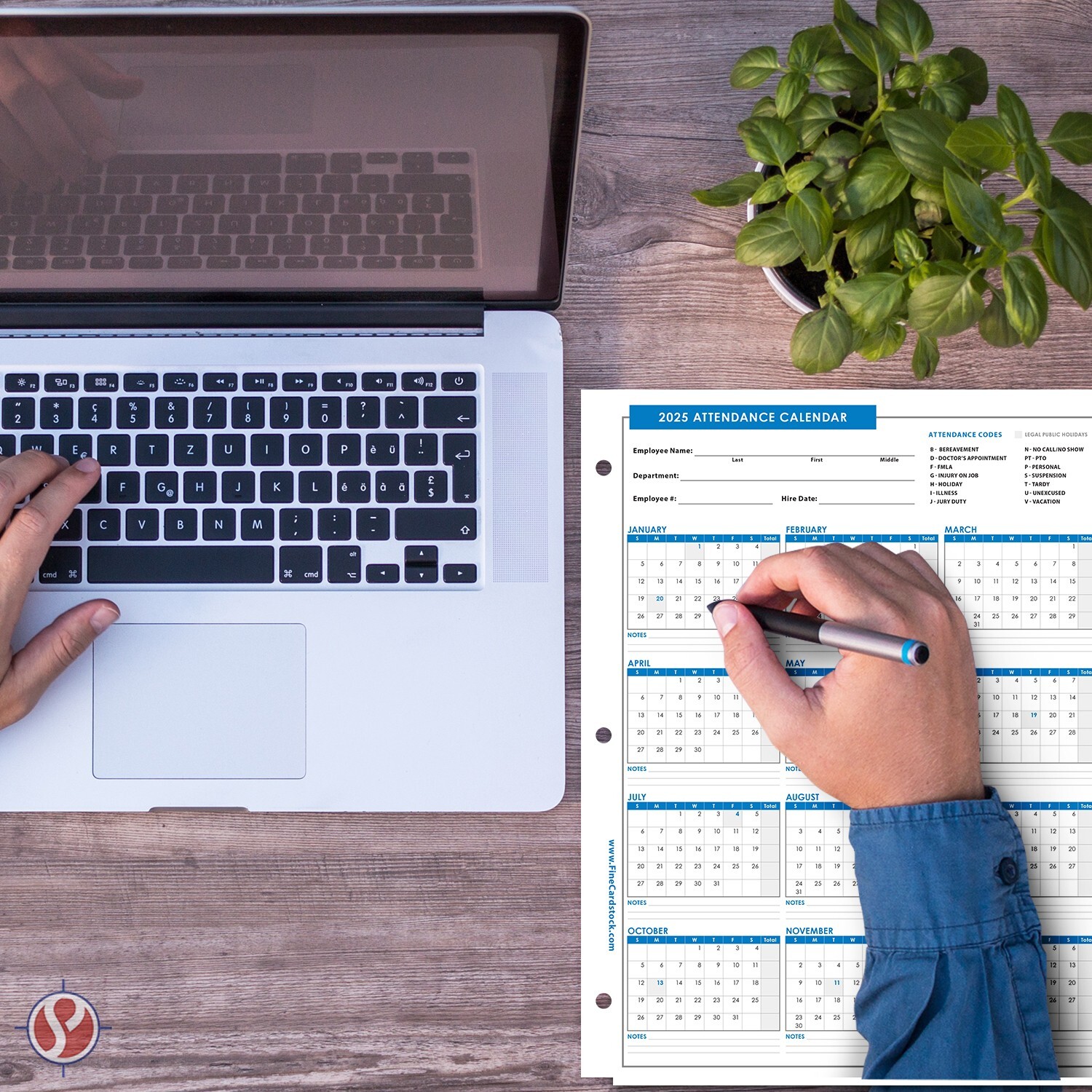 2025 Attendance Calendar Cardstock, Employee Work Tracker, 8.5 x 11, 25 Qty