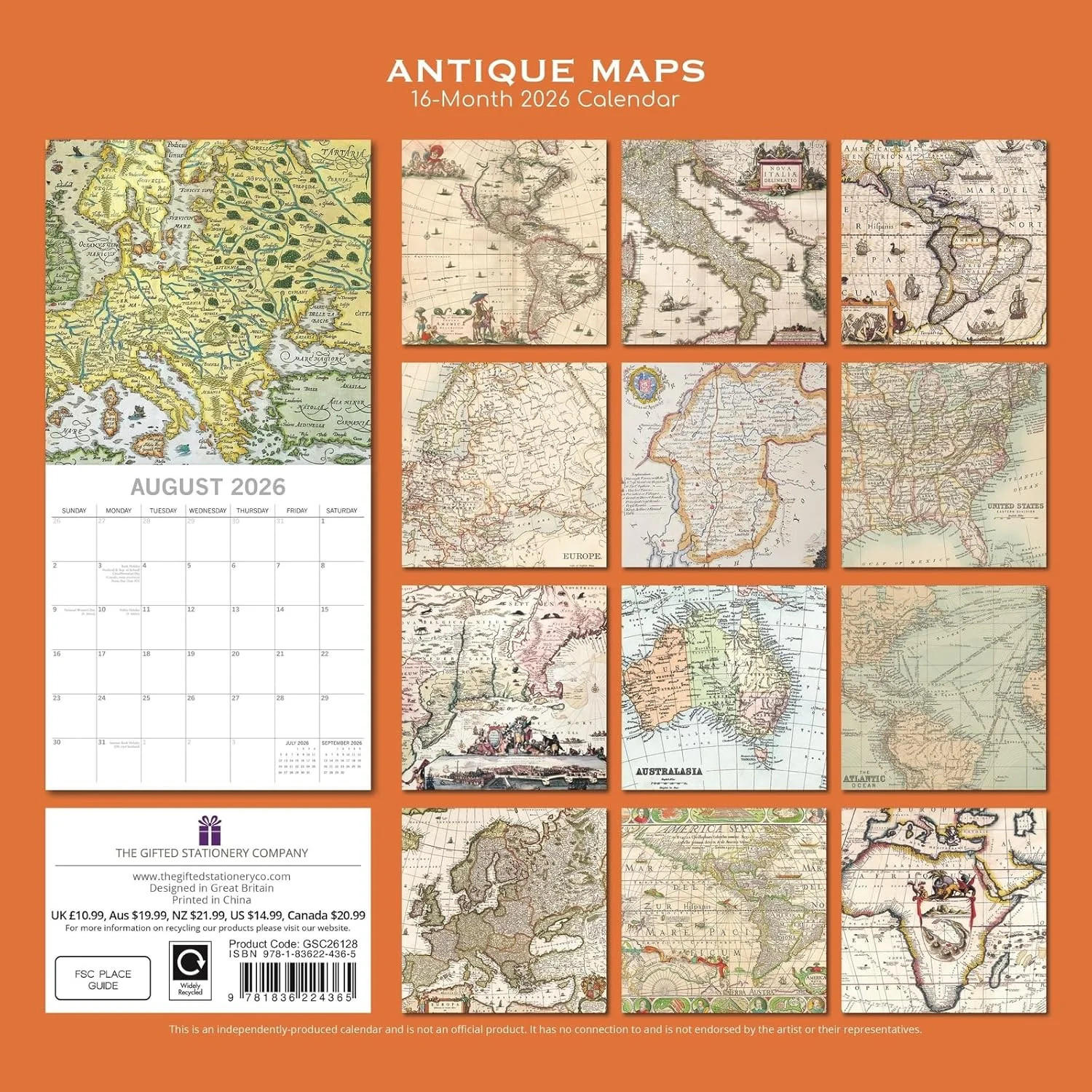 The Gifted Stationery 2026 Square Wall Calendar, Antique Maps, 16-Month Arts and
