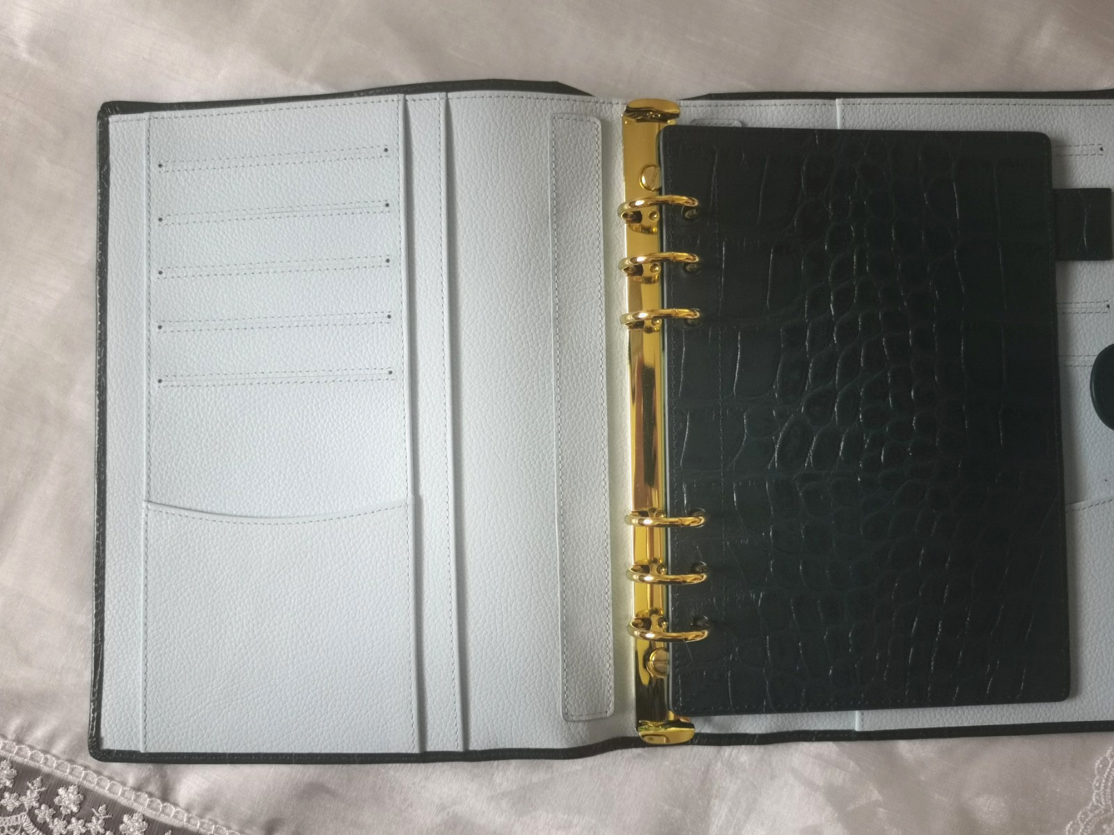 Genuine Leather Croc Embossed A5 Ring Binder Planner Back Pocket Blue Color