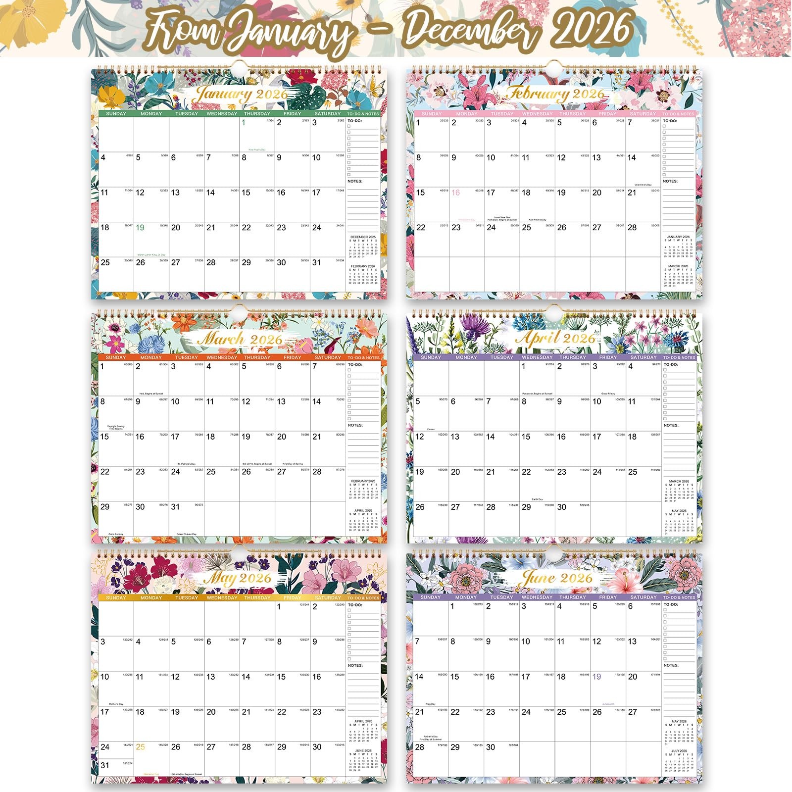 2026 Wall Calendar – 12 Months Hanging from 14.8″ x 11.6″, yellow
