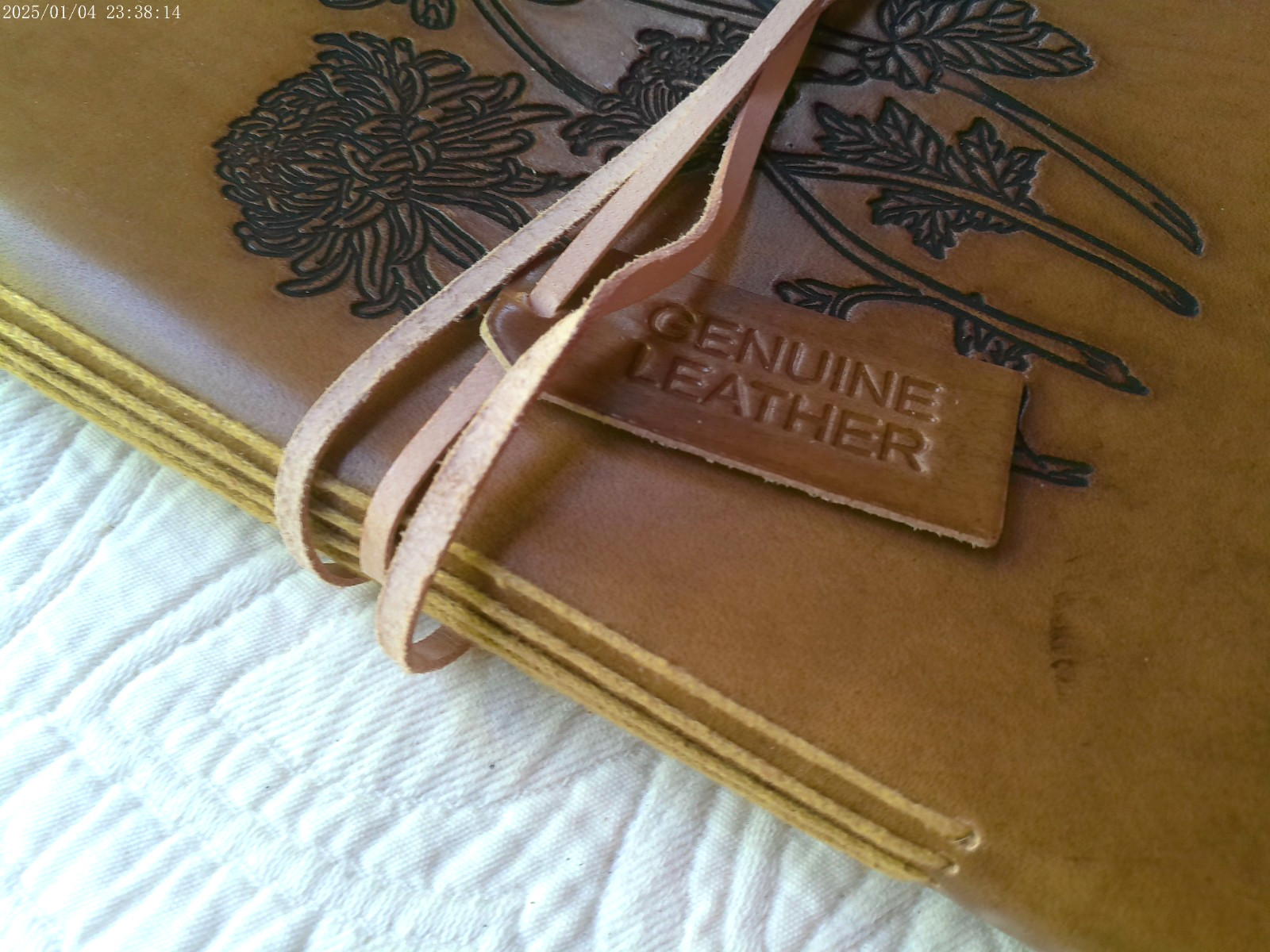 GENUINE LEATHER HANDMADE 144 LINED PAGES INDIA EMBOSSED FLOWERS SADDLE TAN #3