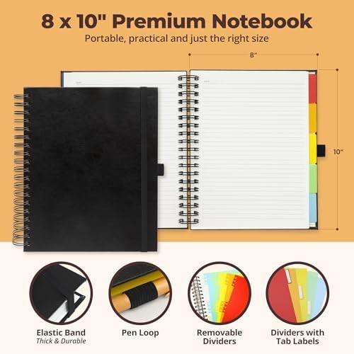 Hardcover Leather Lined Spiral Notebook 8×10″ with Removable Dividers – Black –