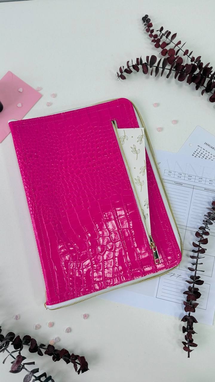 Italian Leather A4 Portfolio. Pink A4 planner Zippered Binder.