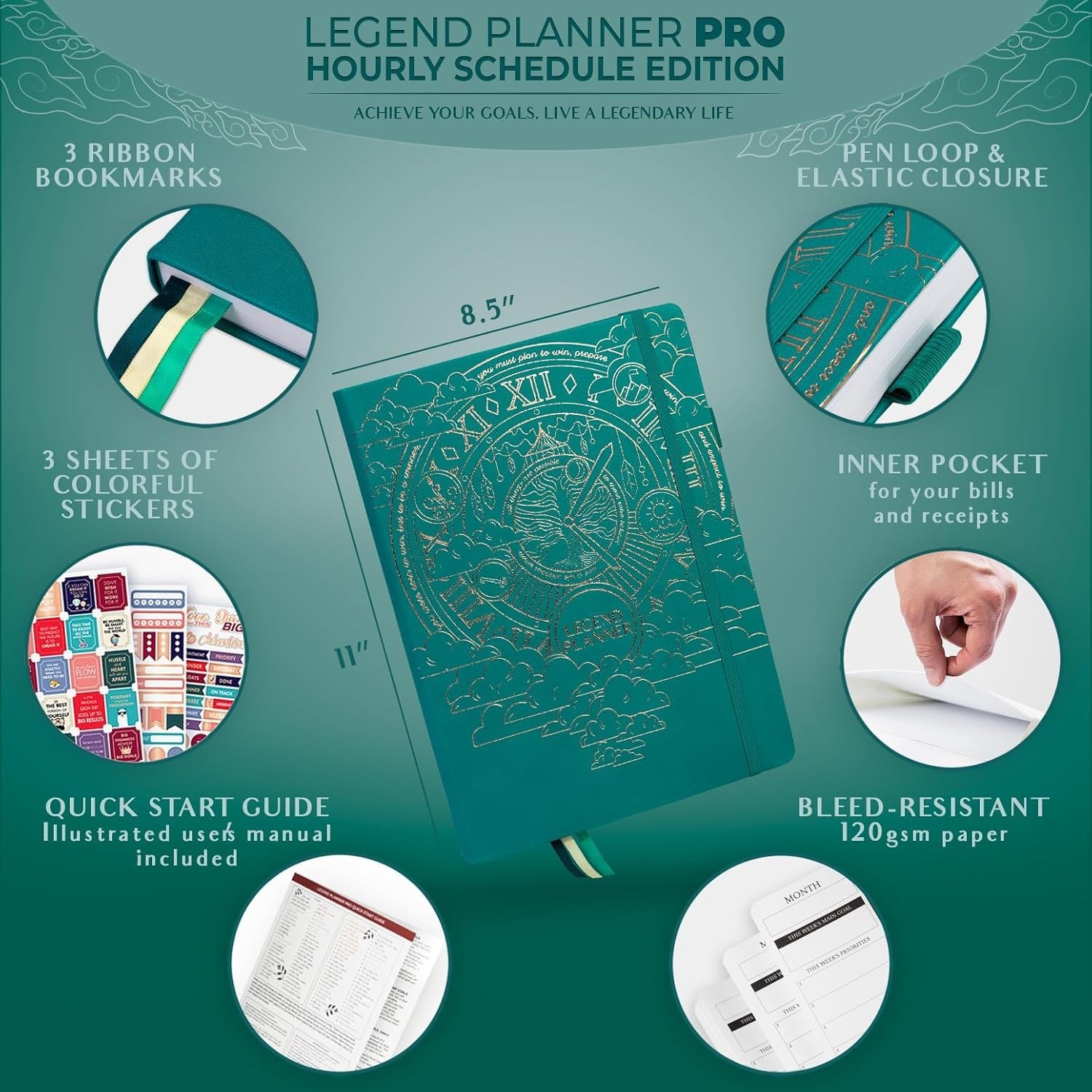 A4 Hourly Planner Pro Undated Weekly Daily Organizer Time Slot Hardcover Teal
