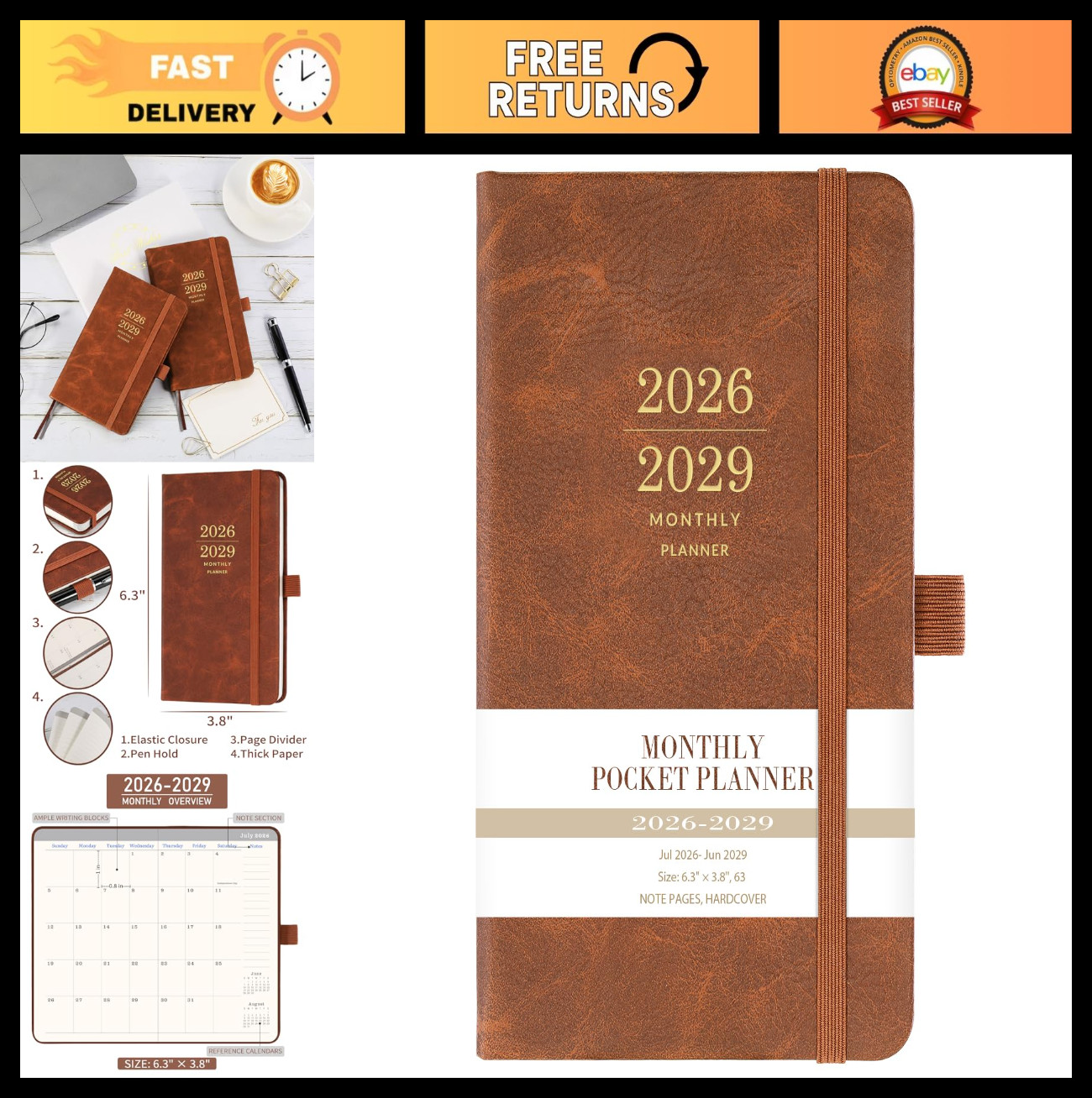 3-Year Monthly Pocket Planner 2026-2029, Faux Leather, 3.8″x6.3″, Pen Holder, 2