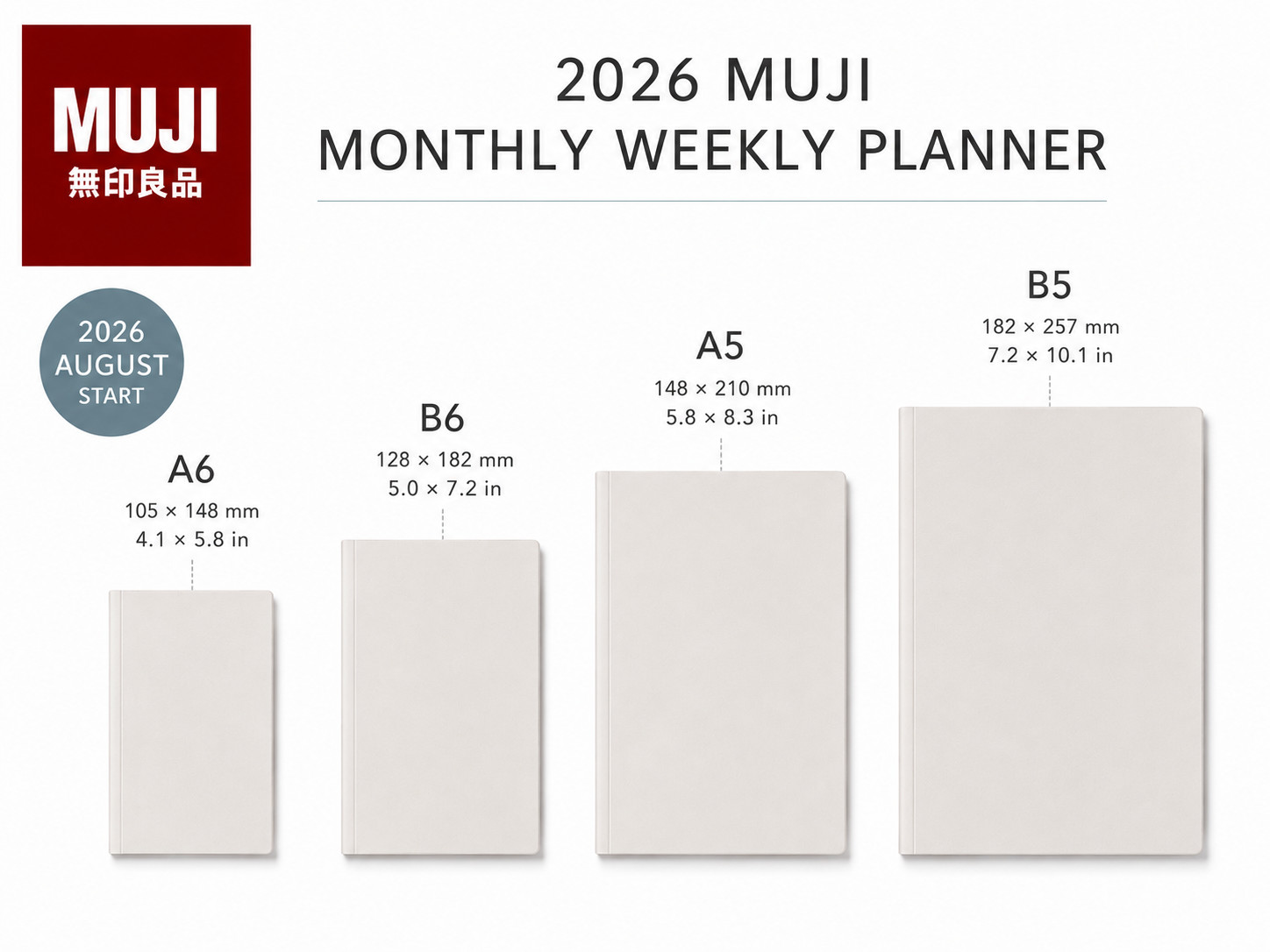 Muji 2026 August Start Monthly Weekly Planner White-Grey A6/B6/A5/B5