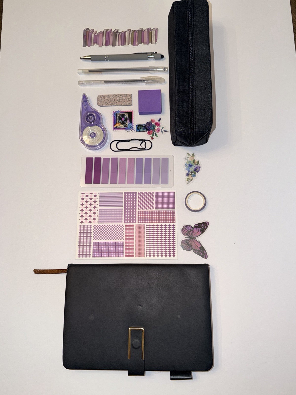Black Journal with Black and Purple various stationary 17 piece Lot