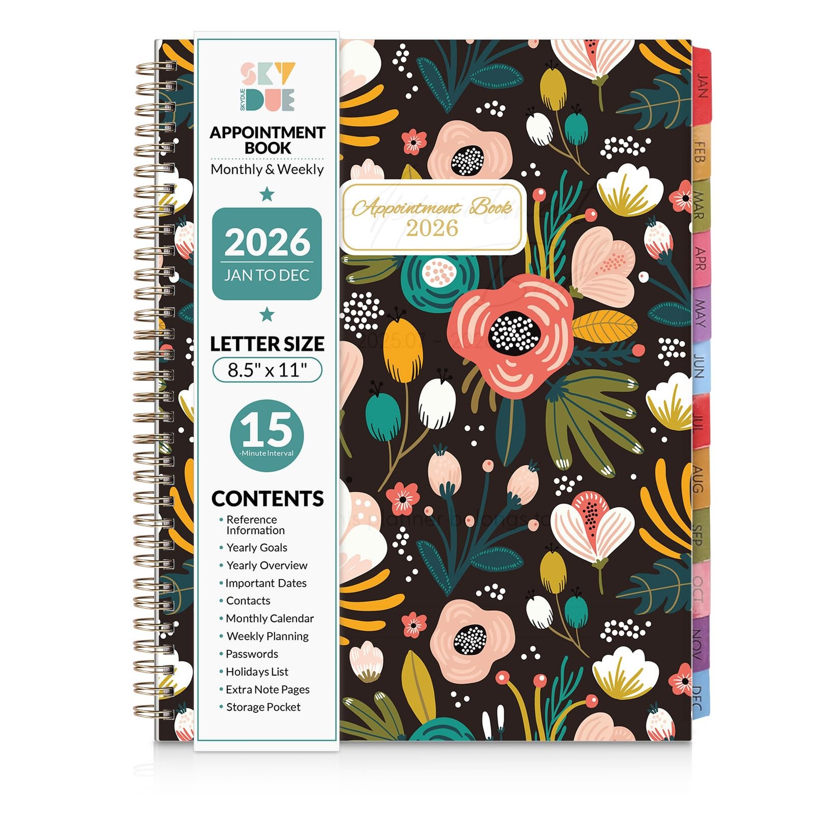 SKYDUE 2026 Appointment Book, 8.5″ x 11″, Hourly Planner Letter, Black Flower