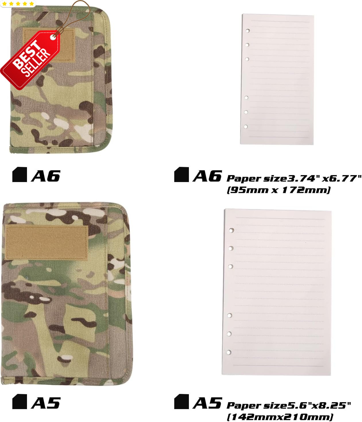Military Tactical A5 Padfolio 6-Ring Binder Zipper Notebook 160 Pages – US