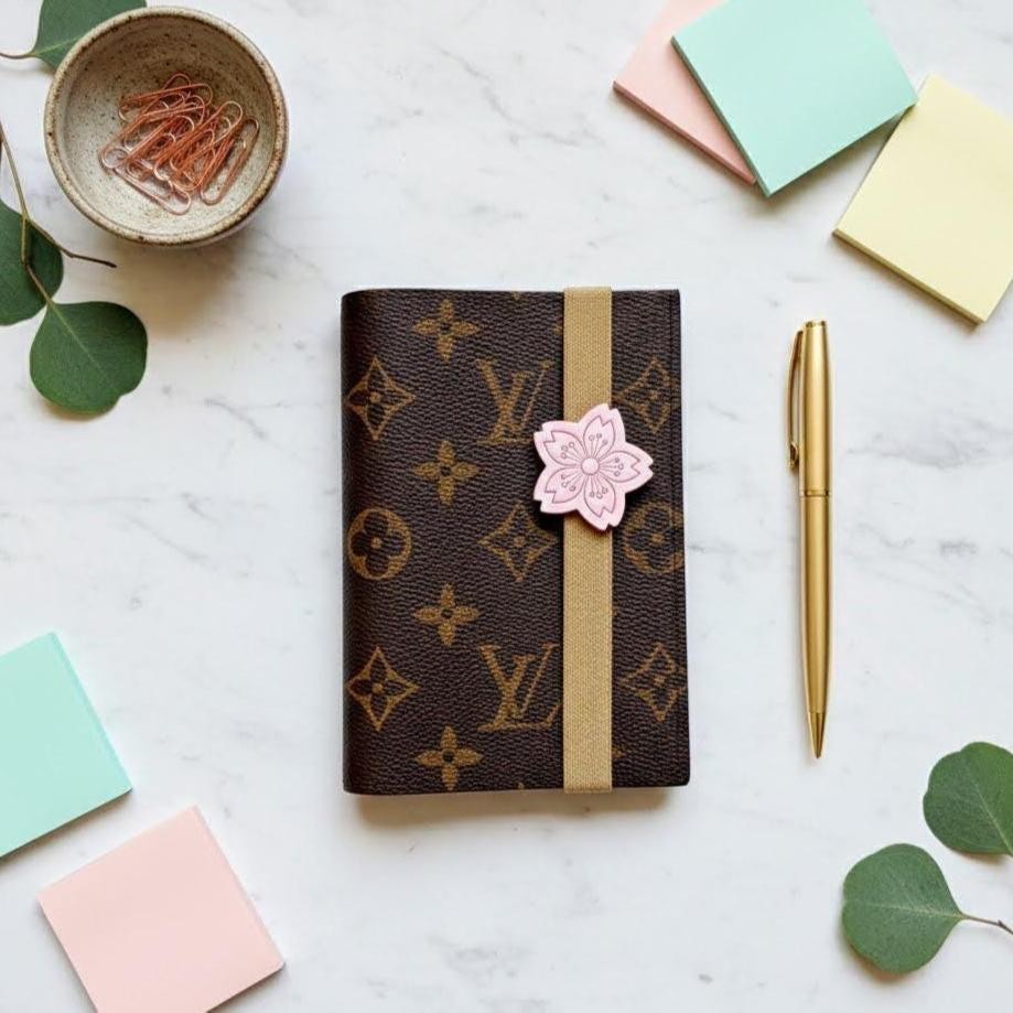 Sakura Leather Planner Band Elastic with Floral Charm Pocket Size Handmade Gift