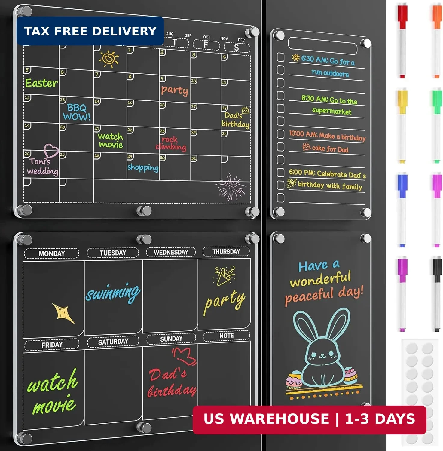 4 Pack Magnetic Calendar for Refrigerator, Clear Acrylic Calendar for Fridge wit