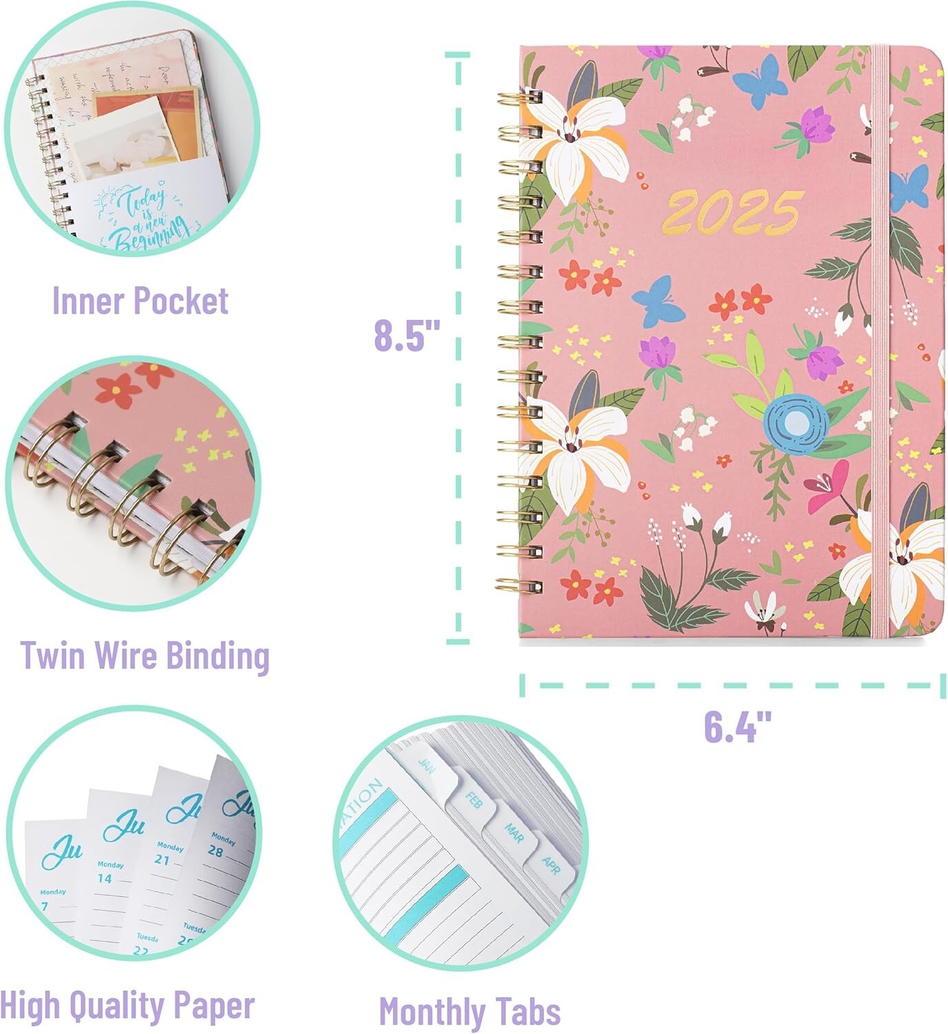 2025 Weekly /Monthly spiral planner, appointment book -6.4″x8.5″ – pink color