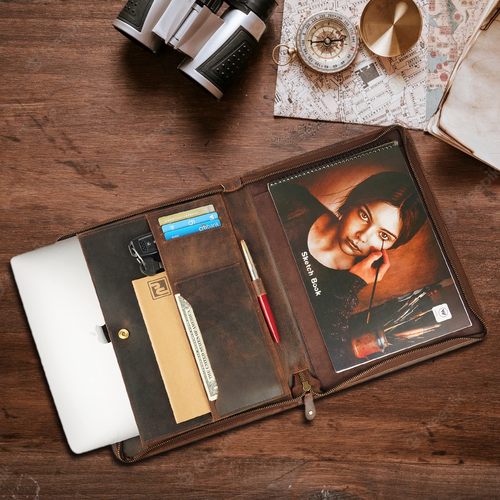 Genuine Leather Padfolio Zipper Portfolio with 13 Inch Laptop Pocket, Profess…