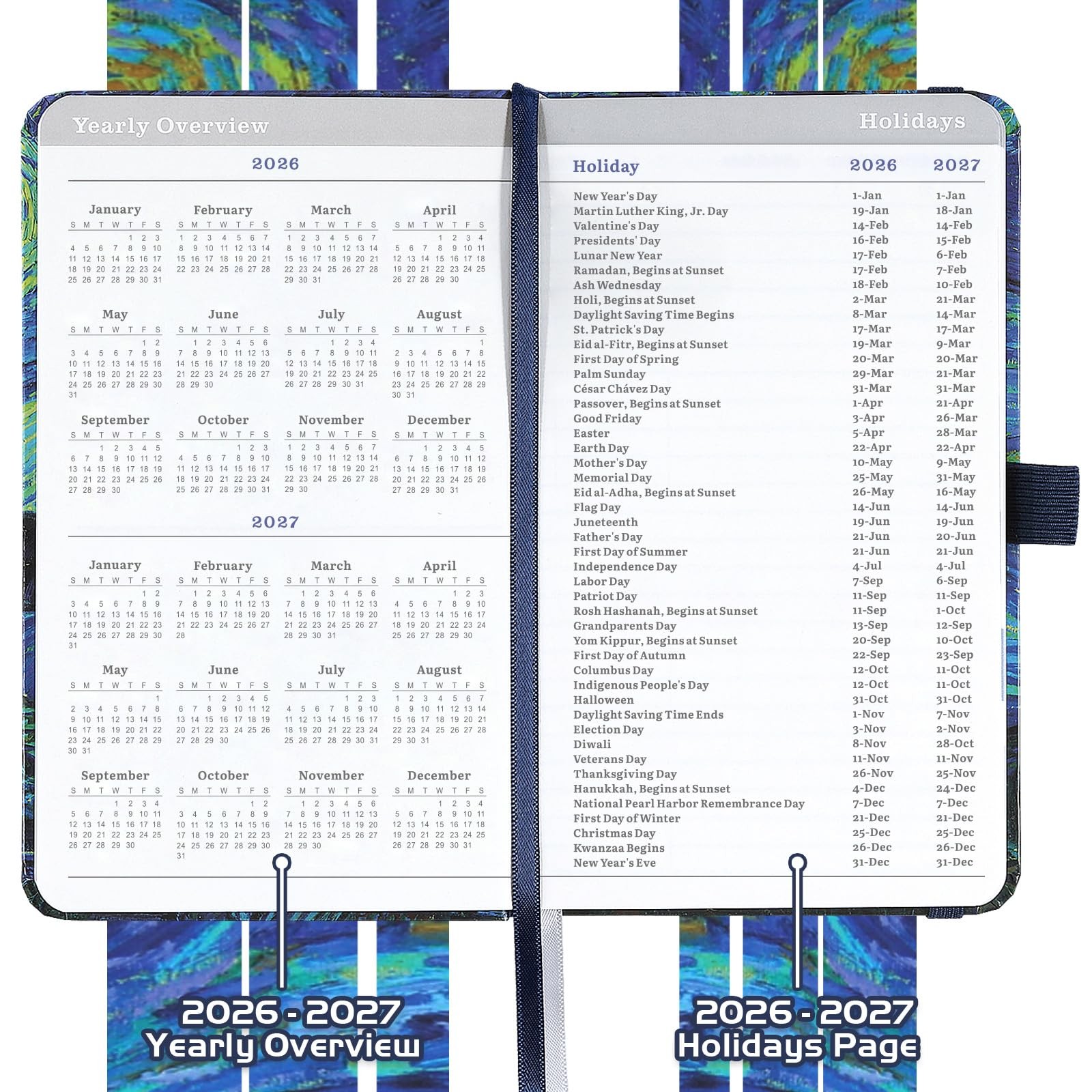 Pocket Planner 2026 2027 Weekly Monthly Calendar 3.8 x 6.3 Hardcover Pen Holder