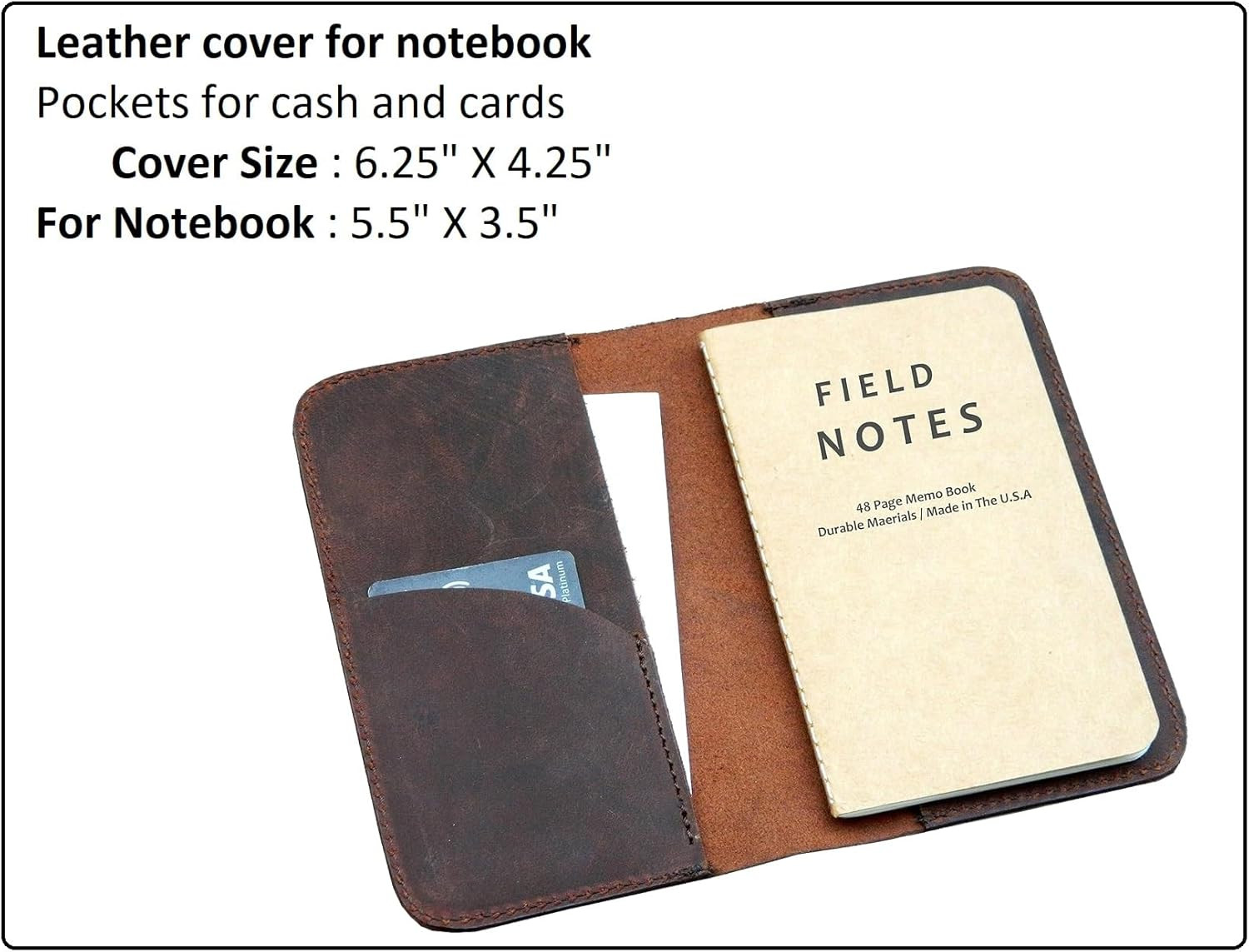 HERTE Leather Journal Cover for Field Notes, Small Pocket Size Notebook Brown