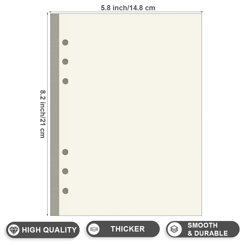 A5 Cream Blank Refills Paper, 6 Hole Paper for 100 Sheets,