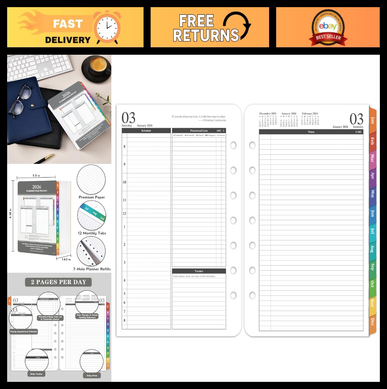 2026 Daily & Monthly Planner Refills, 2-Page Per Day, Ring-Bound Organizer, Tabs