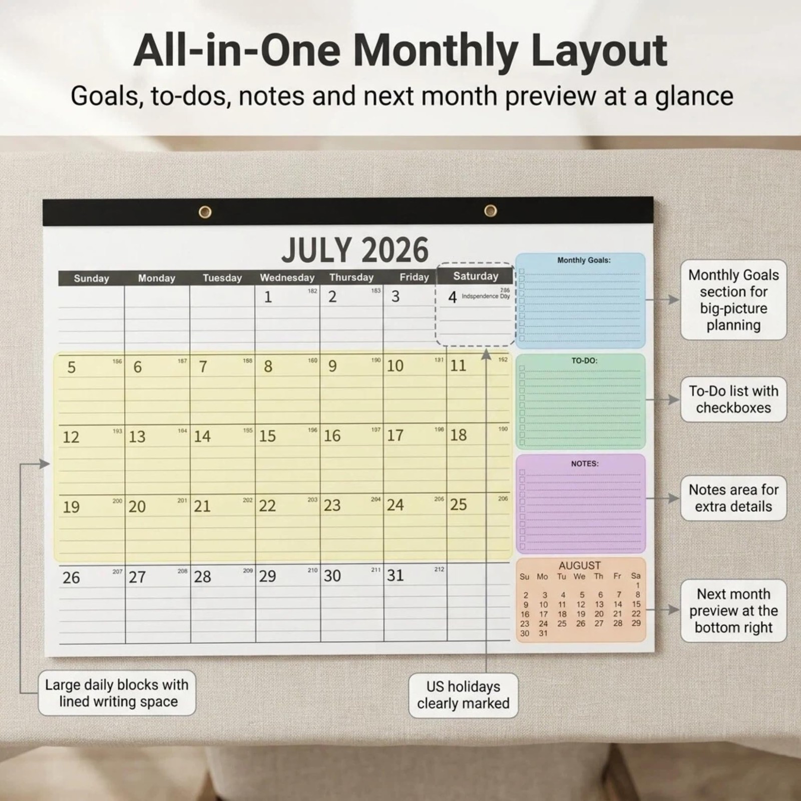 2026-2027 Desk Calendar – 17″ x 12″ Monthly Academic Wall Calendar, White