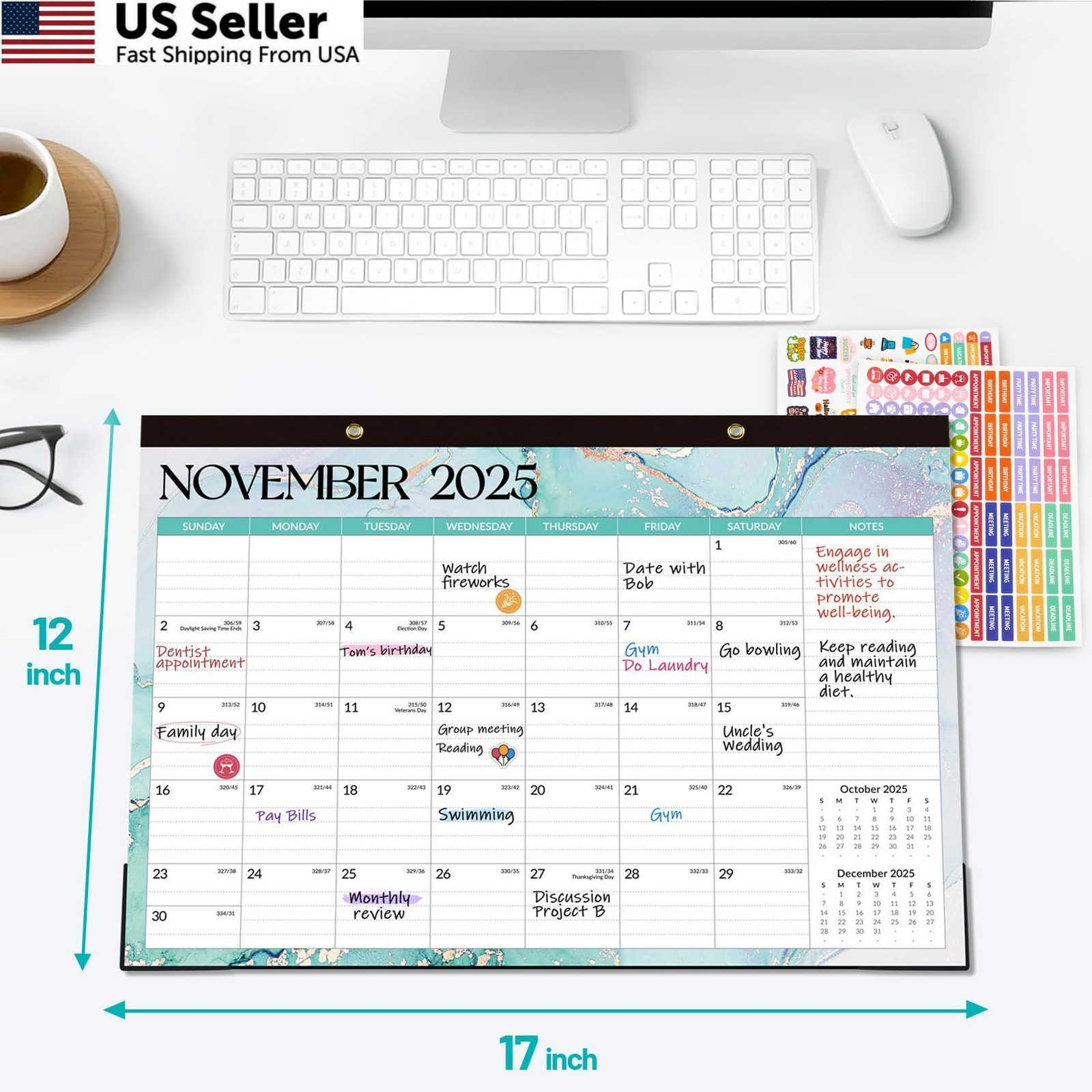 Forvencer Desk Calendar 2026, 26 Months 17 x 12″- (Nov 2025-Dec 2027), Green