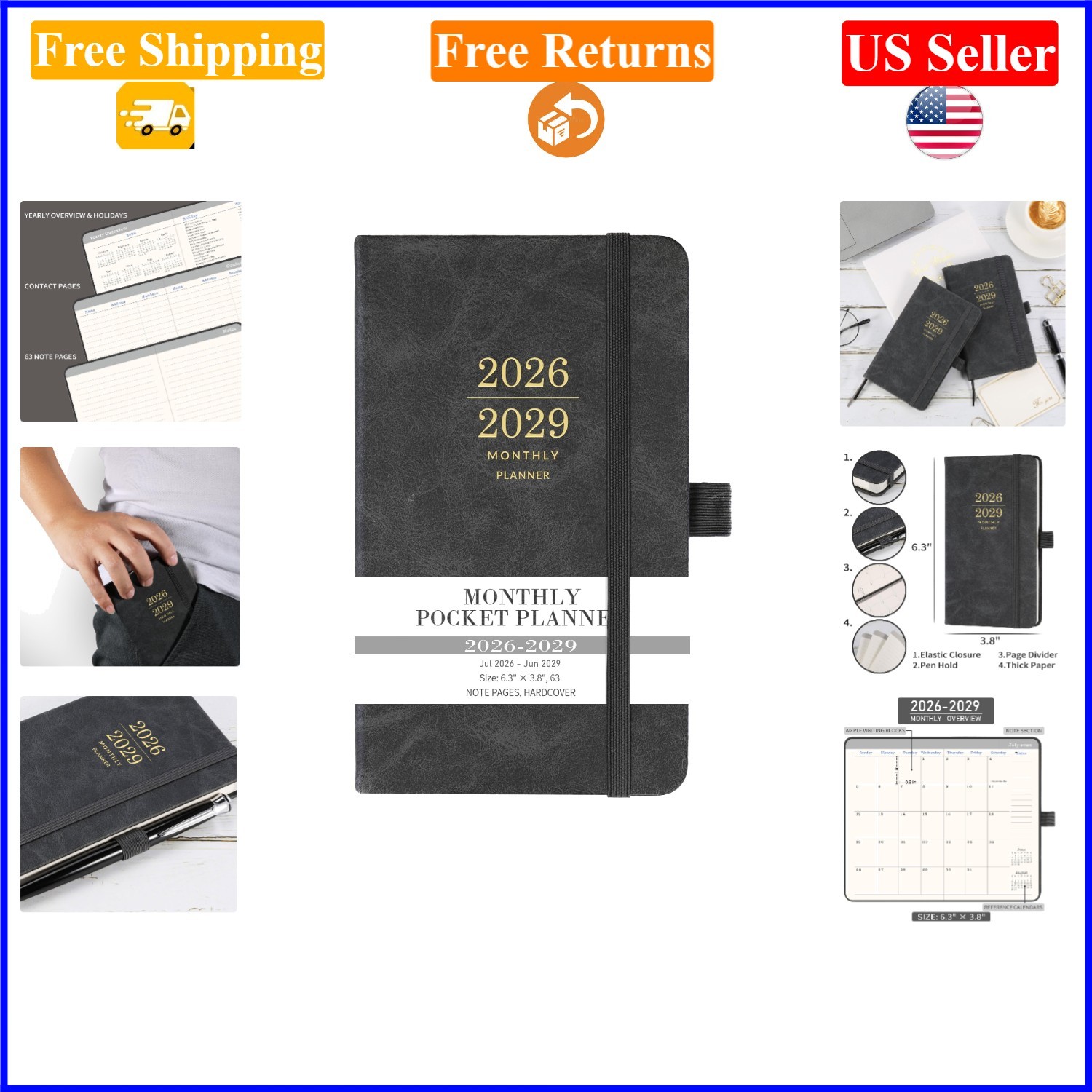 2026-2029 3- Pocket Planner Gray, Faux Leather, 3.8×6.3 inches