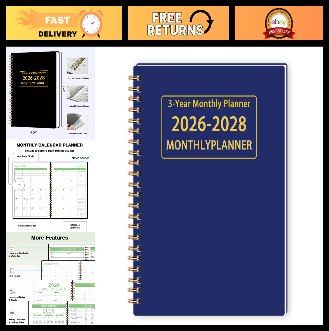 2026-2028 Monthly Planner – 3 Year Calendar, 36 Months, Twin-Wire Binding, Lined