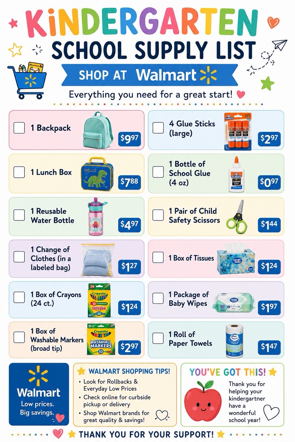 Kindergarten School Supply List Printable/Walmart Shopping /Instant PDF Download