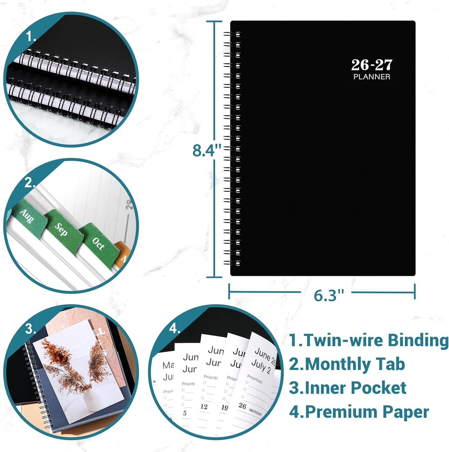 Durable 2026-2027 Planner: Weekly & Monthly Layout – 6.3×8.4, Twin-Wire Binding