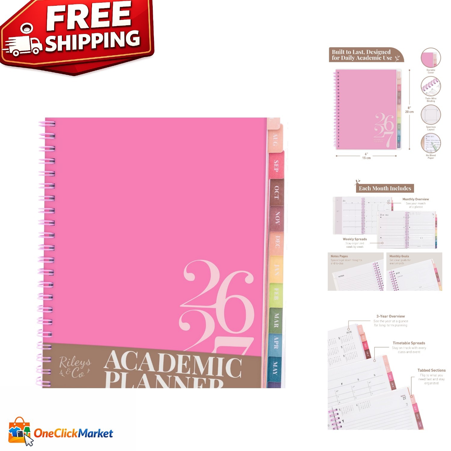 Stylish Pink Academic Planner 2026-2027 with Twin-Wire Binding – 8 x 6 Inches