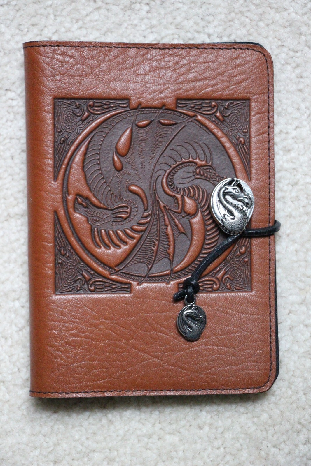 Oberon Design Leather Small Journal Cover YIN & YANG DRAGONS in SADDLE