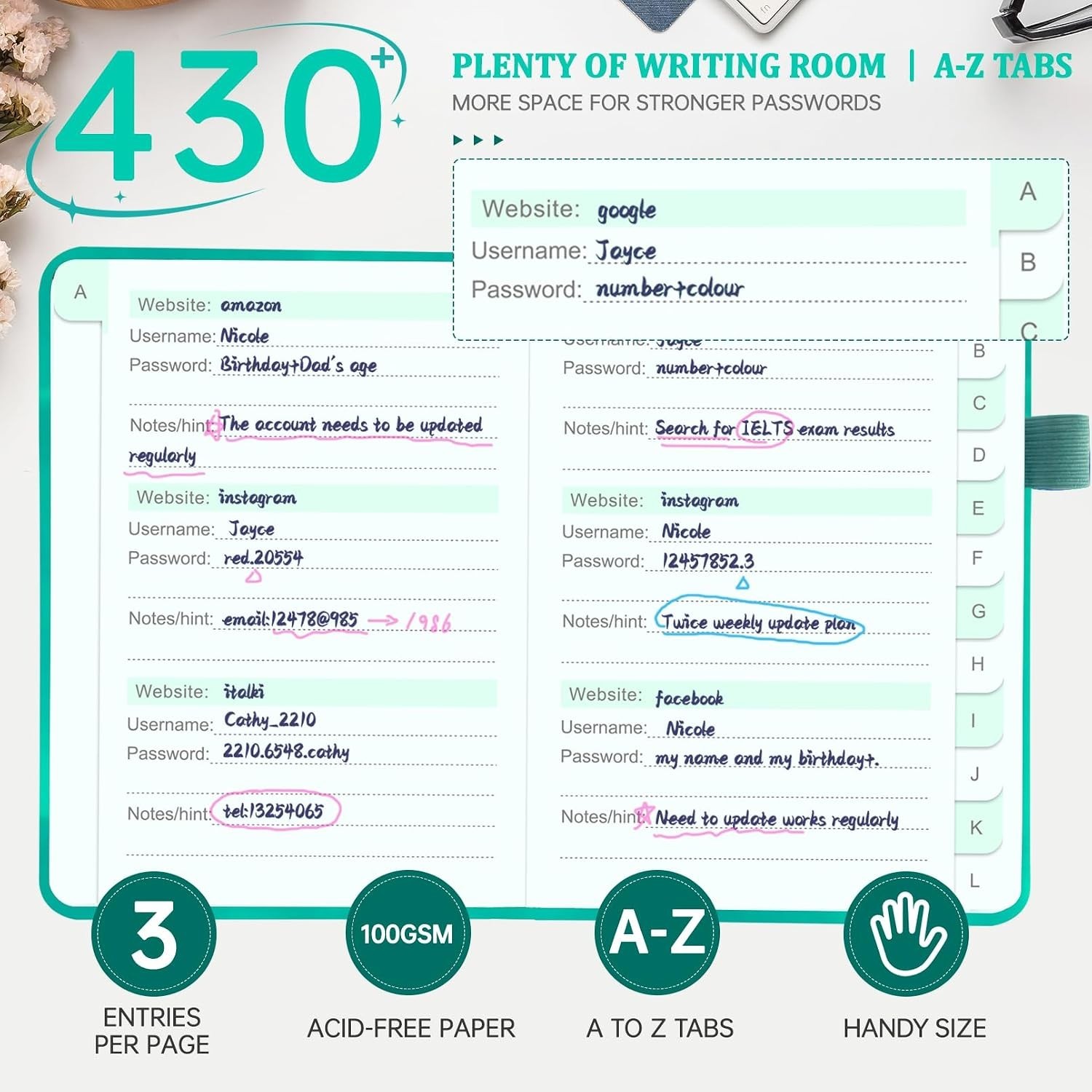 Password Book with Alphabet Tabs Internet Address Organizer Logbook Pocket