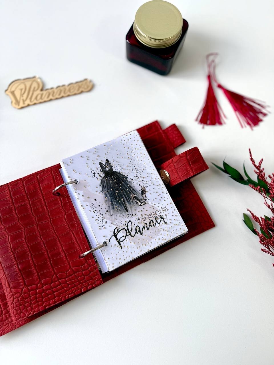 Mini red leather notebook-wallet cover A7 Big rings mini wallet. Mini Planner.