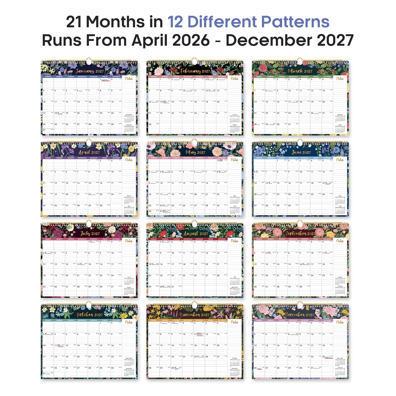 Calendar 2026-2027, 21-Month Wall New(Apr 2026–Dec 2027), a-Midnight Garden