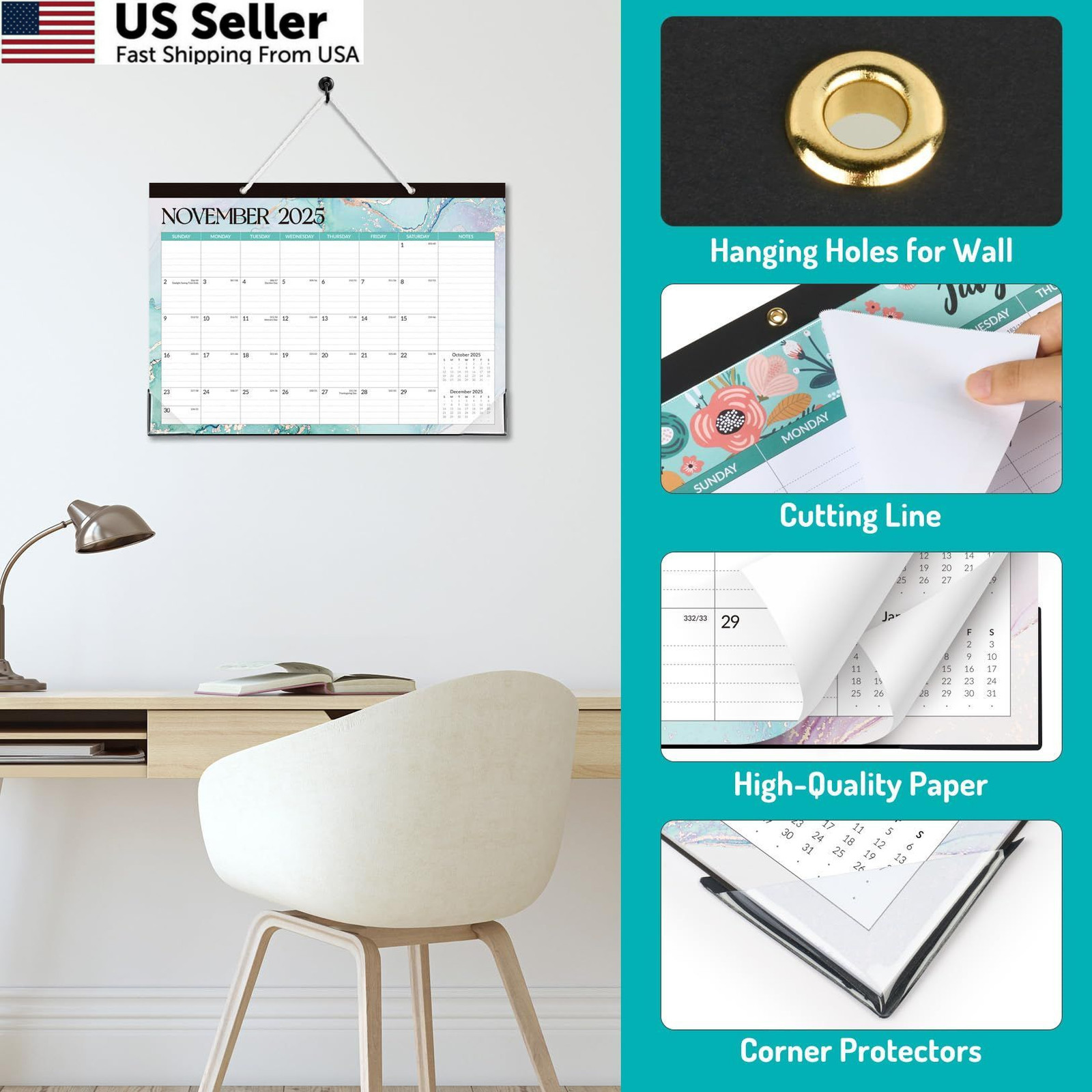 Forvencer Desk Calendar 2026, 26 Months 17 x 12″- (Nov 2025-Dec 2027), Green