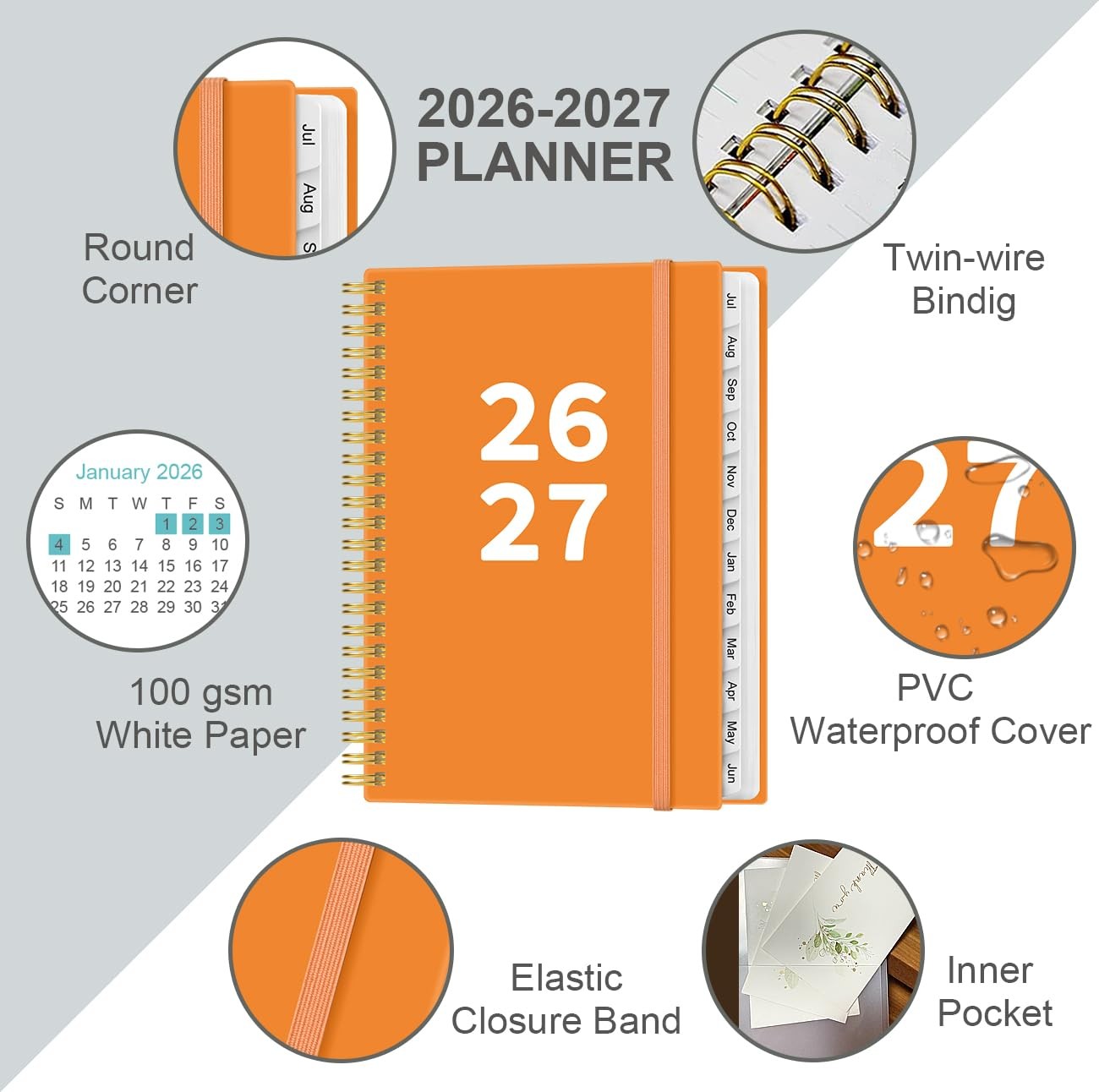 2026-2027 Planner – from July 2026 – 6.4″ x 8.5″, Orange-A