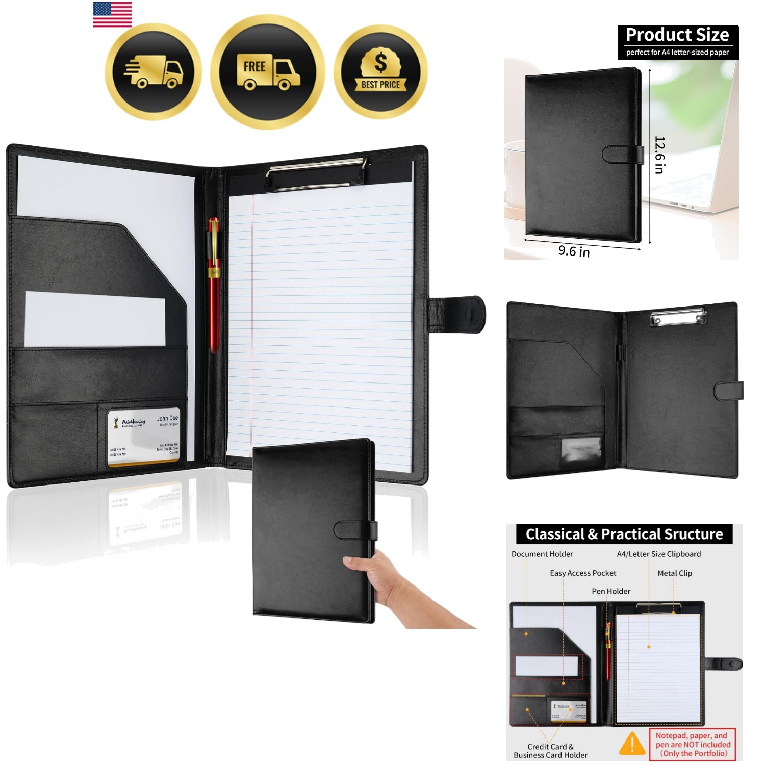 Professional Padfolio with Clipboard, Faux Leather Portfolio Folder Binder, L…