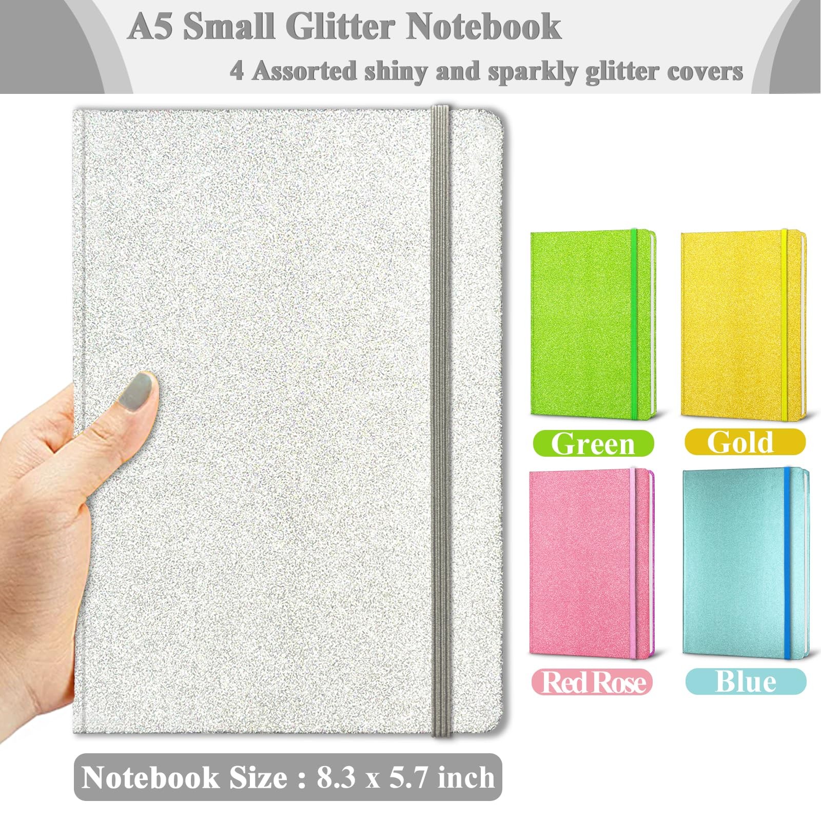 Silver Glitter Notebook, 8.3×5.7” 160 Lined Pages 5-x-8-inch inches,