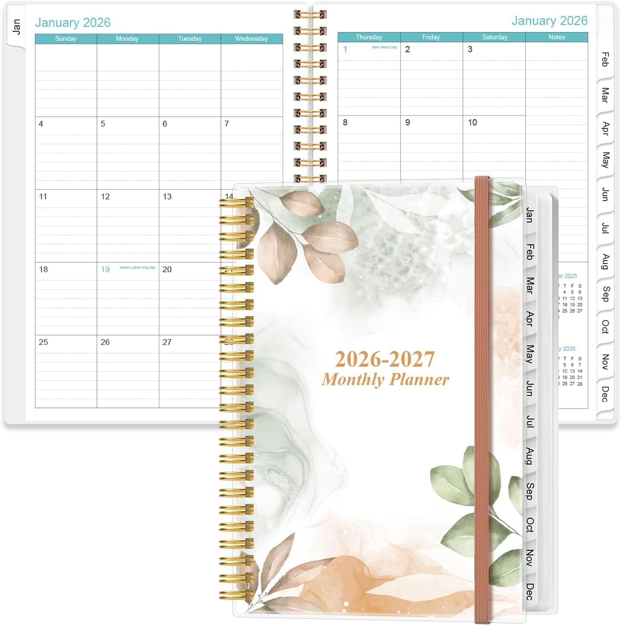 Deluxe 2026-2027 Calendar 18-Period Rose Leaf Thick Paper Organizer 6.4×8.5 Tabs