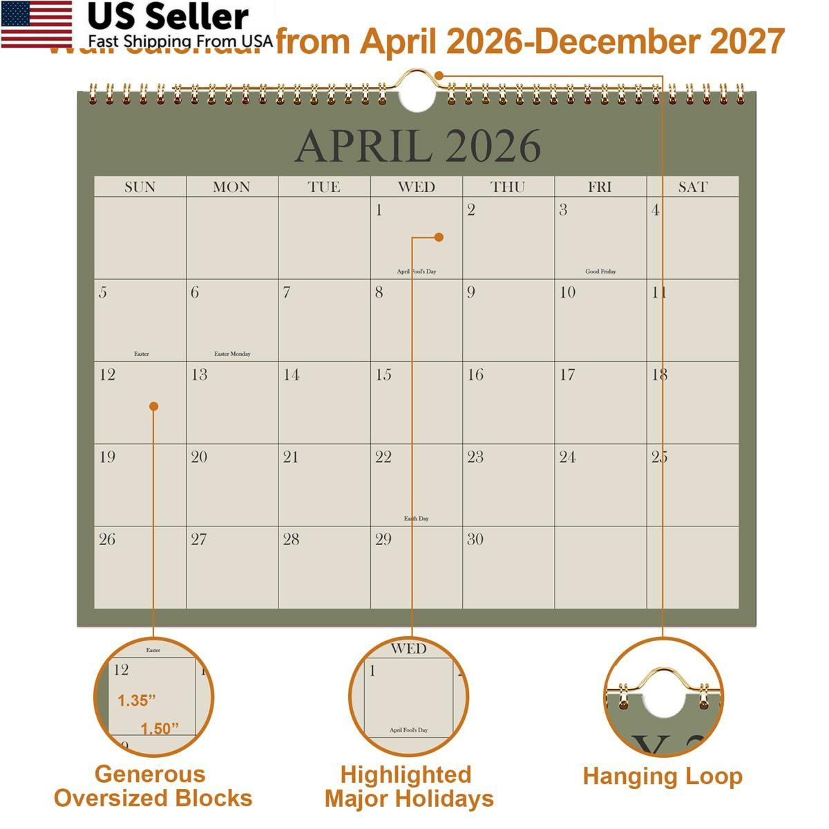 2026-2027 Calendar – Wall from April 2026 8.5″ x 11″, Cyan
