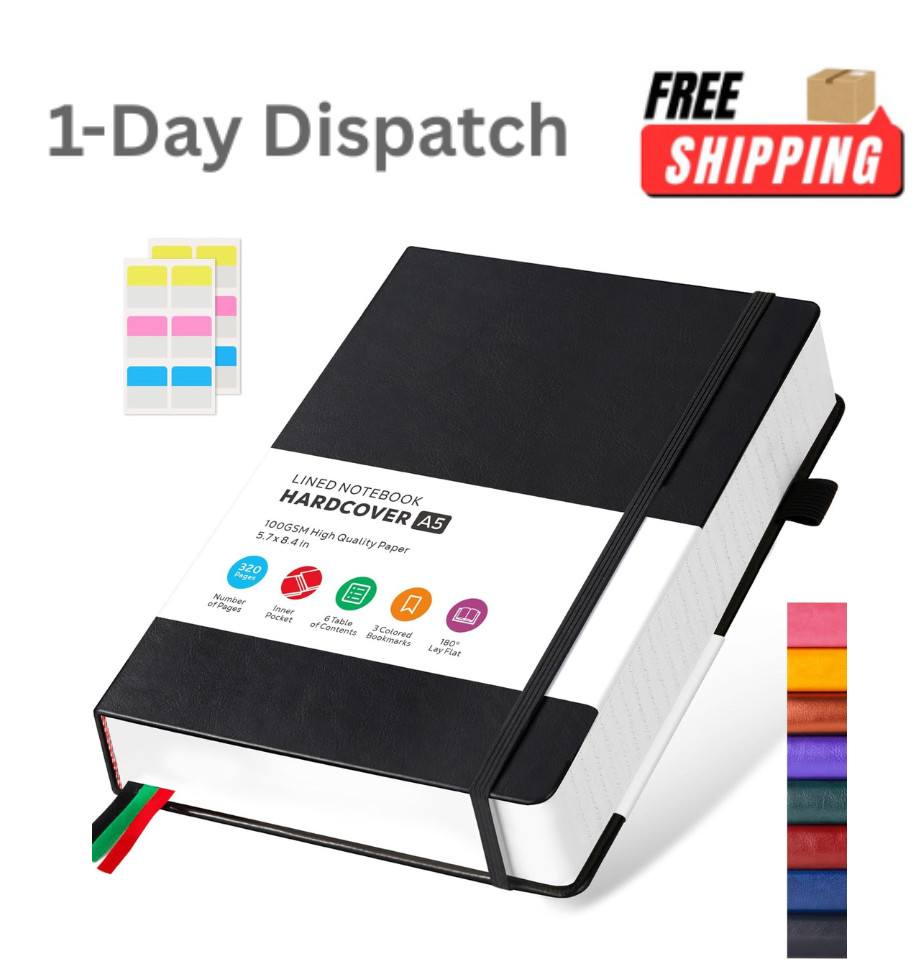 FOCUS DAY Hardcover Lined Notebook Journal 320 Pages A5 Black Leather
