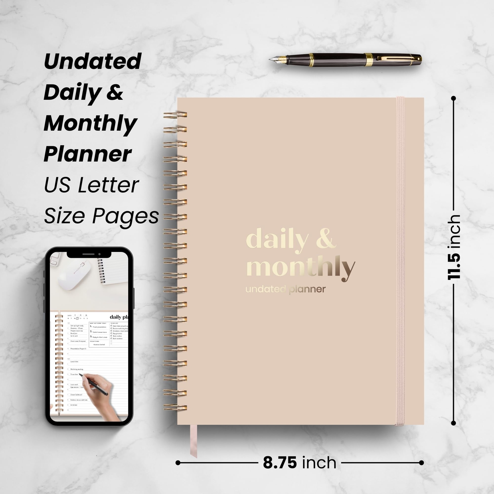 Undated Daily Planner with Hourly Schedule 8.5″ x 11″ Letter Size Pages – Ful…