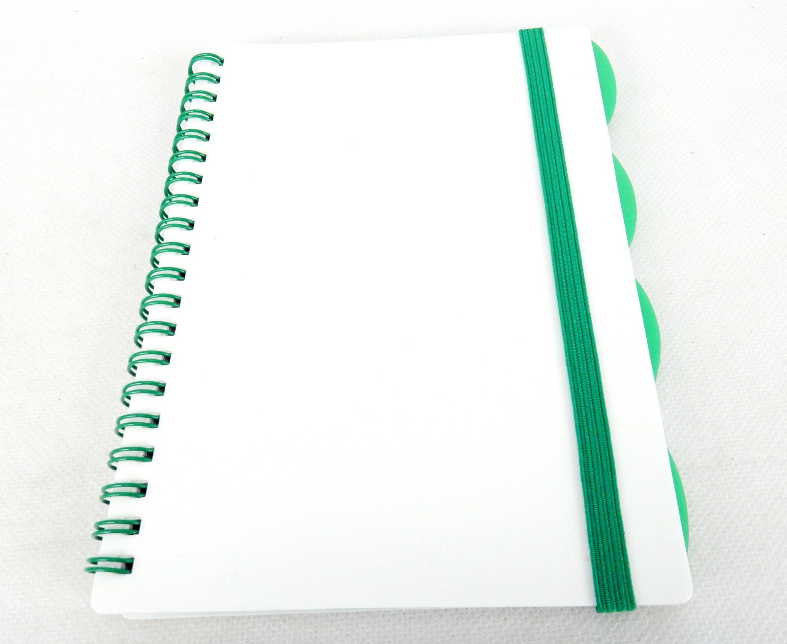 Wire Bound Notebook w/4 Dividers, White w/Green Accent, Elastic Closure, #MP499