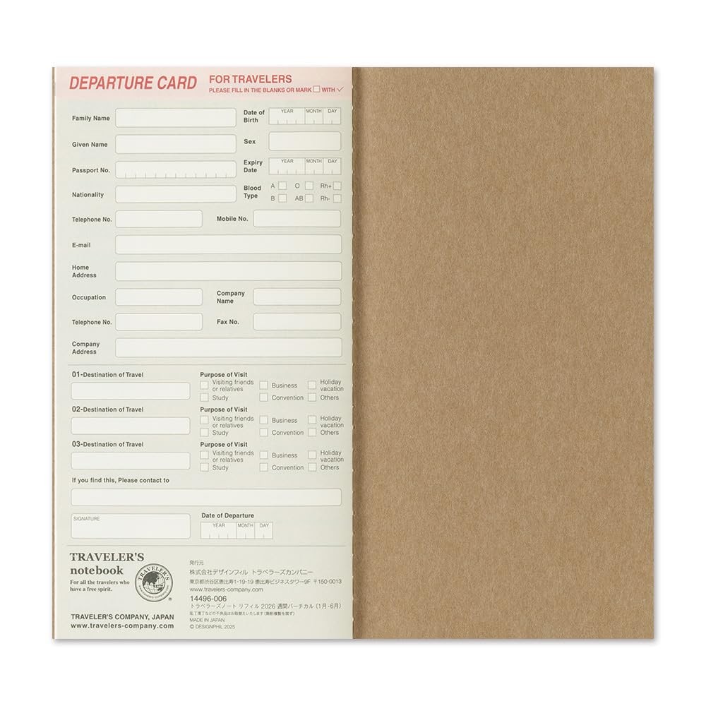 Traveler’s Notebook Planner Refill 2026 A5 Slim Vertical 14496006 January Start