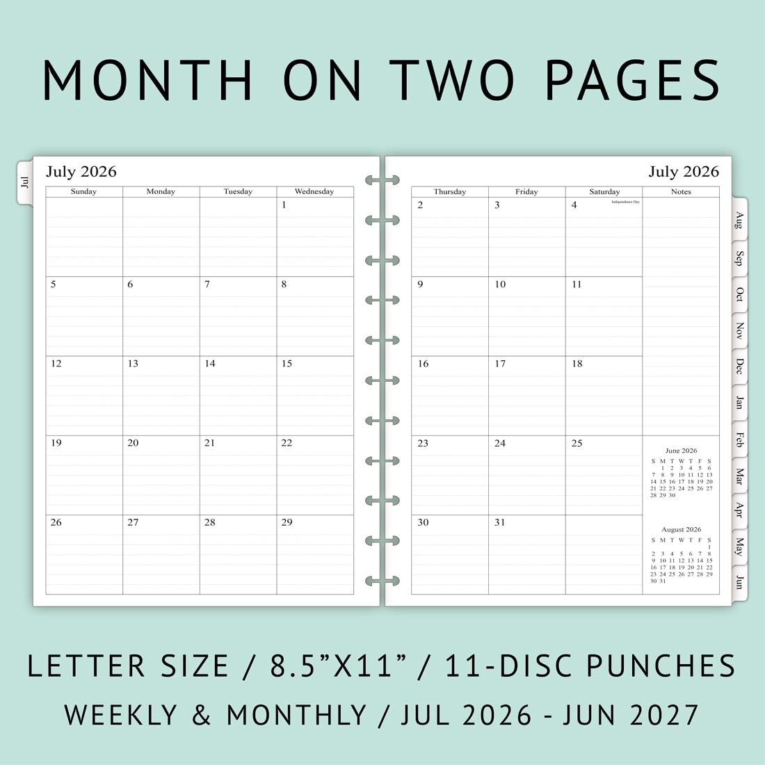 2026-2027 Weekly Planner Refills for Letter Size – 8.5″x11″, White