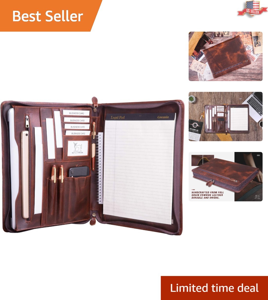 Luxury Oil Wax Leather Portfolio for Men – 13″ Laptop Organizer with Notepad