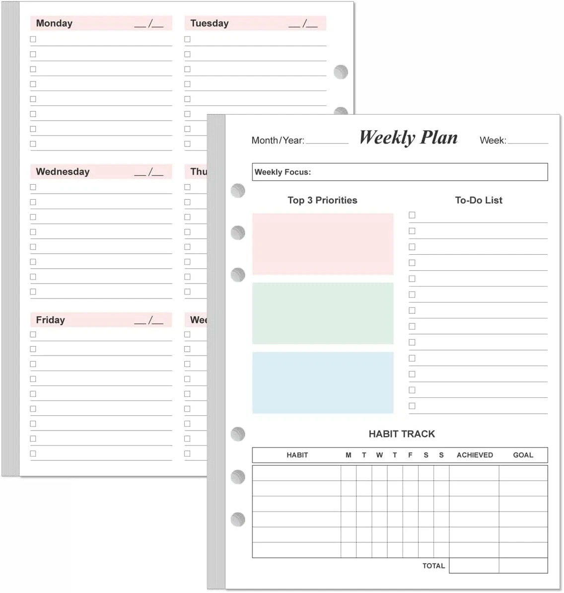 Weekly Planner Refills for A5 Binders – 53 Sheets/106 Pages Undated Colorful Wee