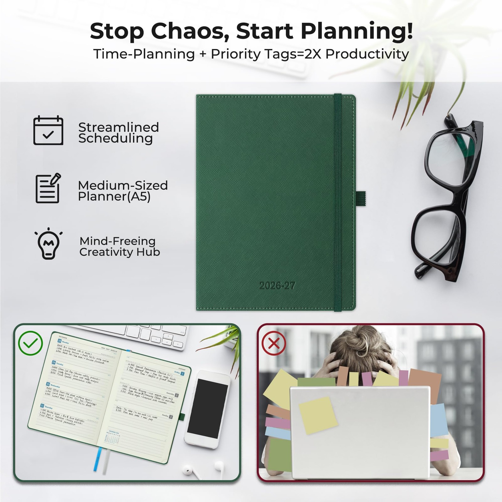 IN-LUXPRO Weekly Monthly 2026-2027 Planner (July Medium-8.5″ x 6.5″, Green